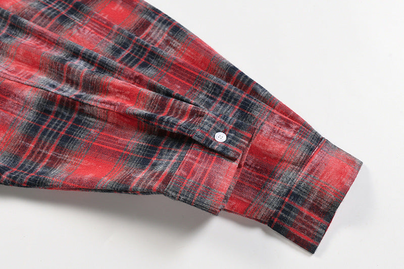 Washed Plaid Long Sleeve Shirt with American Flag Patchwork – Oversized