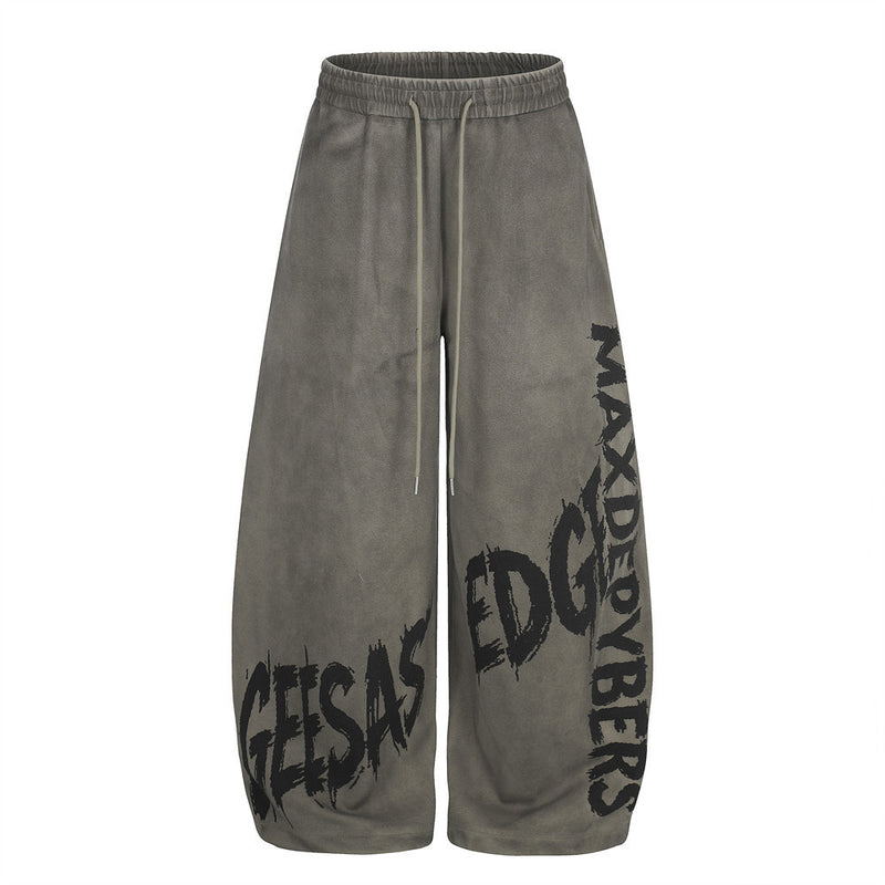 Wide-Leg Graffiti Print Sweatpants – Washed Gray Baggy Jogger Pants for Men