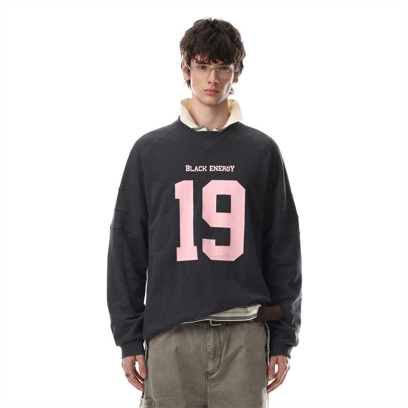 Black Energy No.19 Number Print Long Sleeve Sweatshirt – Oversized V-Neck Sports
