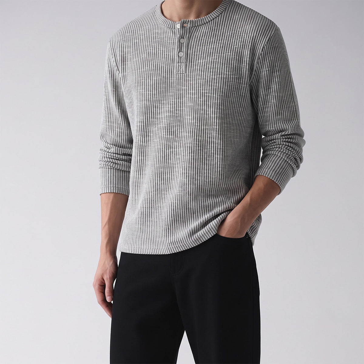 Men's ribbed Henley long sleeve tee in light grey with 2-button placket and fine vertical rib knit texture