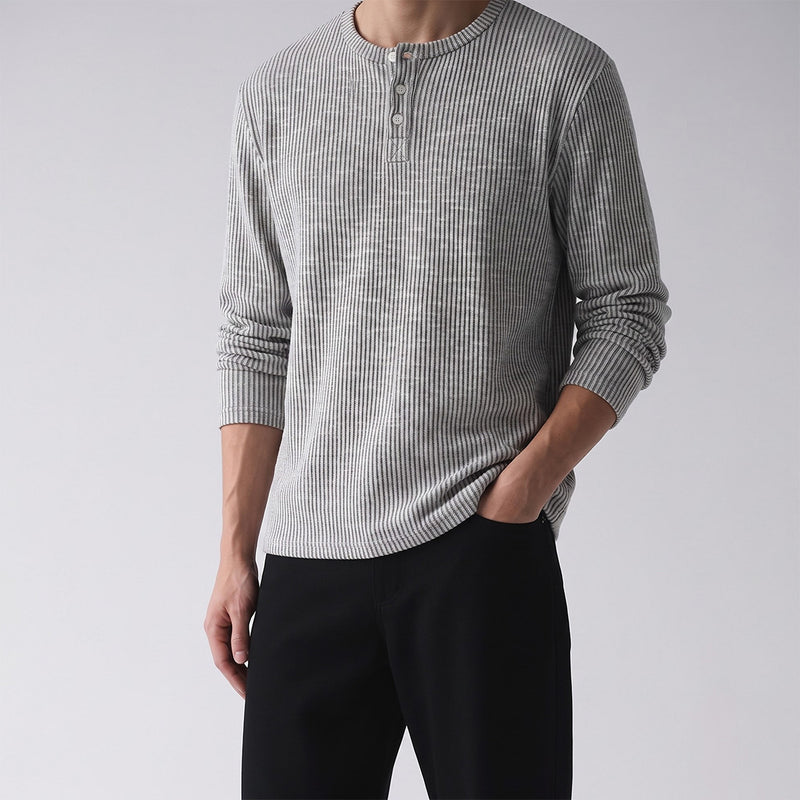 Men's ribbed Henley long sleeve tee in light grey with 2-button placket and fine vertical rib knit texture