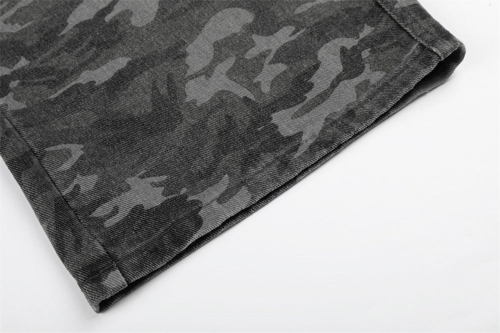 Camo Wide-Leg Jeans with Metal Studs – Punk Streetwear Barrel Fit