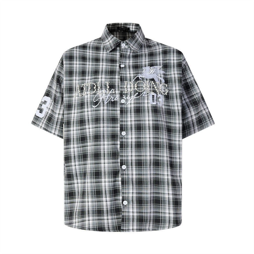 Plaid Short-Sleeve Shirt with Pegasus Embroidery & Studded Lettering