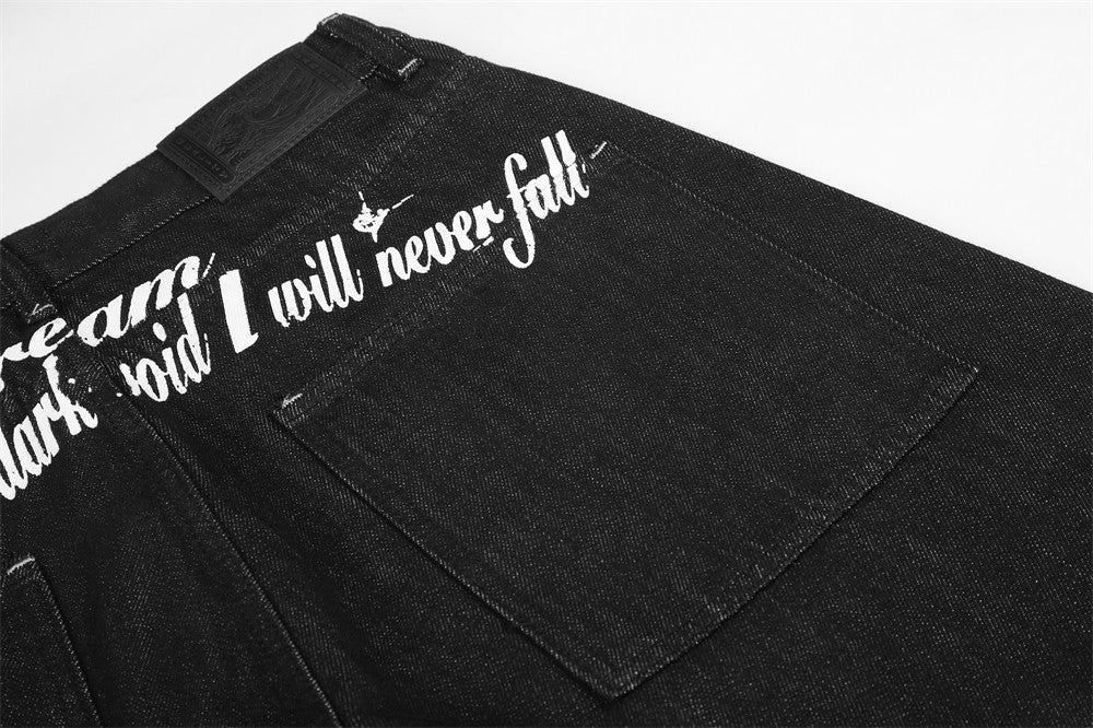 Jean barrel à jambes larges avec imprimé étoiles et script – Denim noir