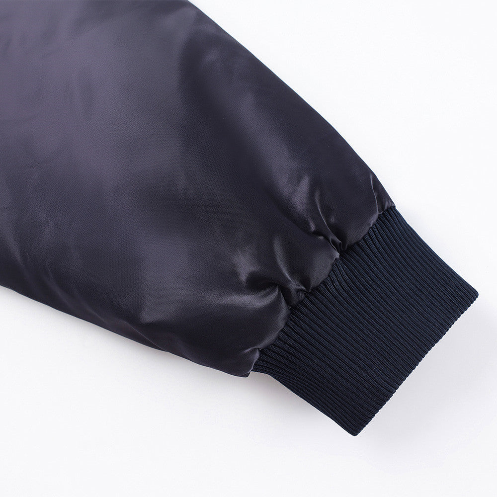 Oversized Bomber Jacket – Navy Satin with Pink Lining