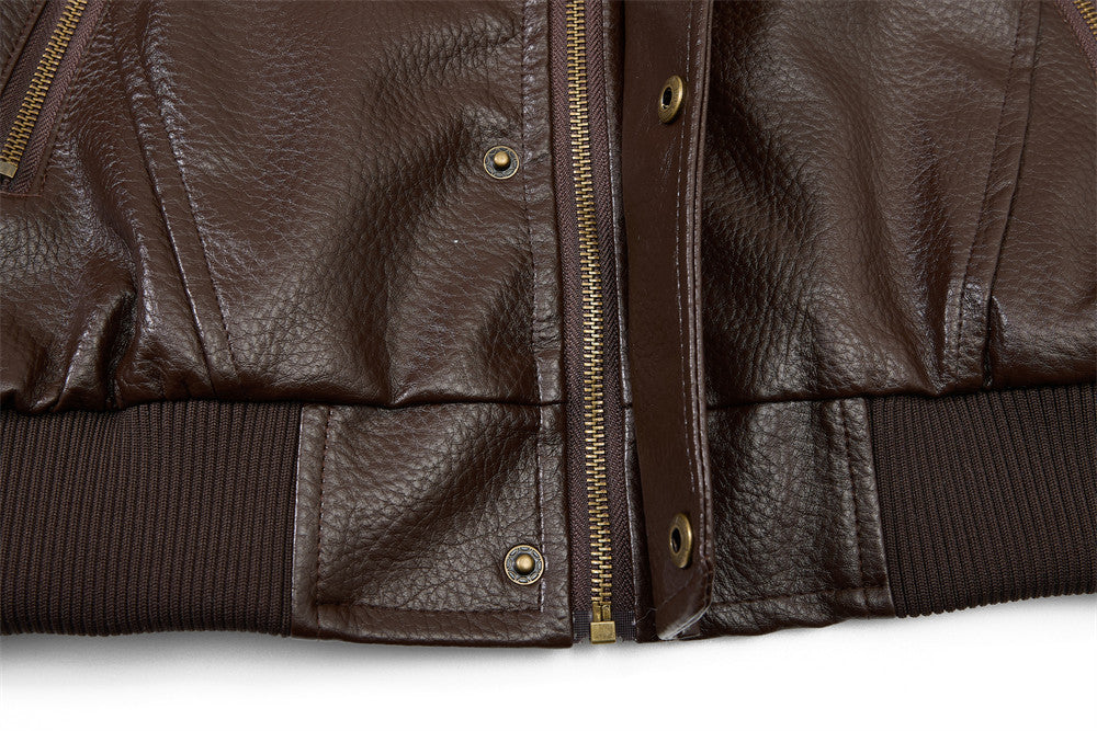 Men's Vintage Leather Bomber Jacket – Stand Collar PU Leather with Snap Buttons