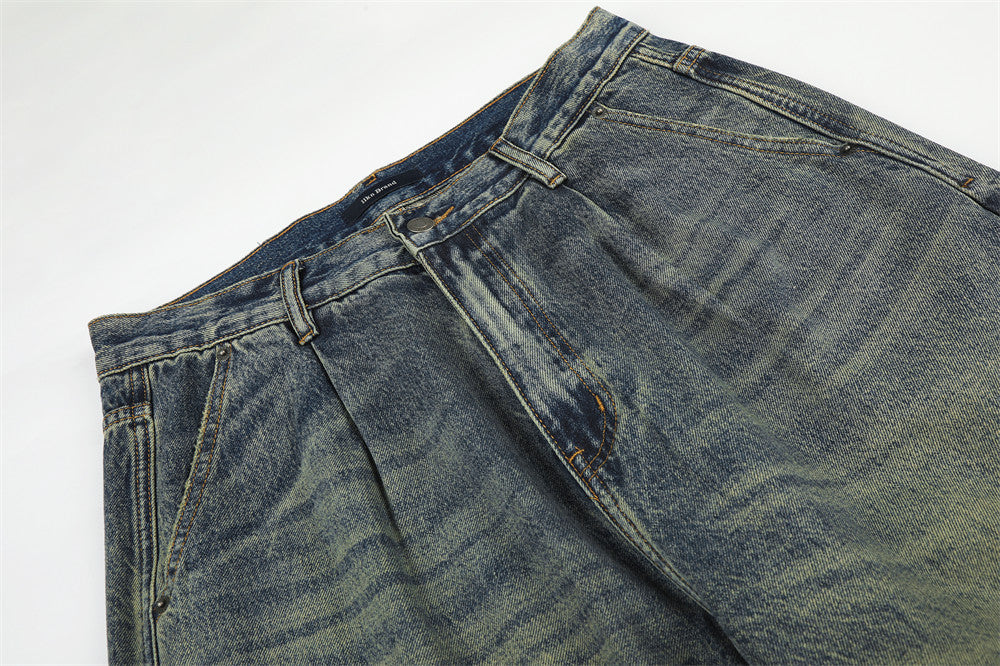 Wide-Leg Jeans Men's American Vintage Washed Distressed Denim Pants