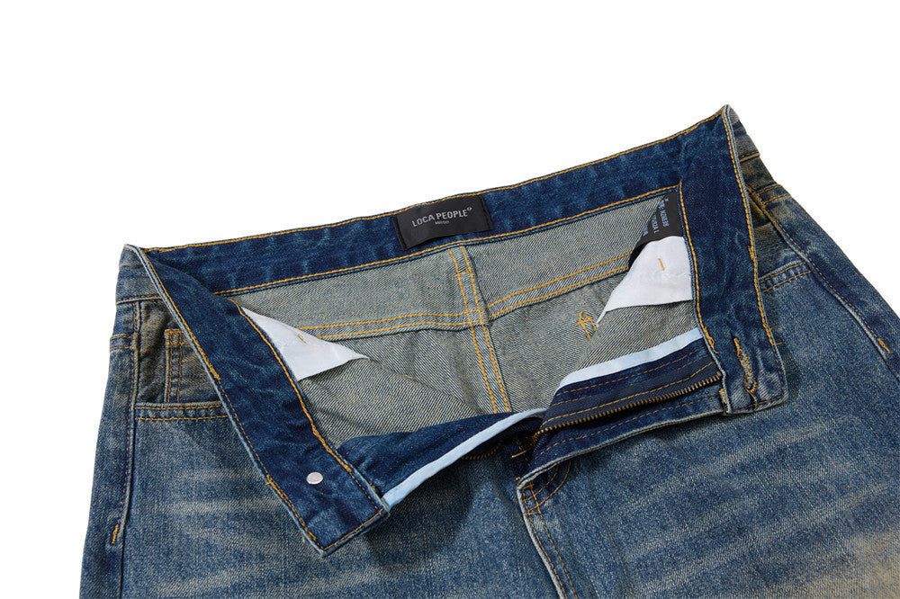 Men's Distressed Flare Jeans – Vintage Mud-Dye Wide Leg Denim