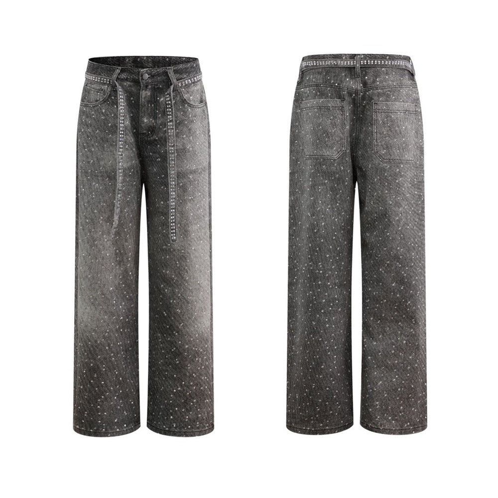 Y2K Baggy Jeans Mens Wide-Leg Rhinestone Embellished Denim Pants