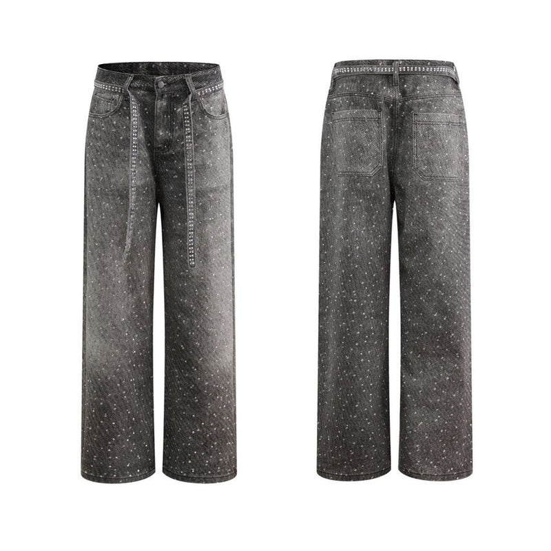 Y2K Baggy Jeans Mens Wide-Leg Rhinestone Embellished Denim Pants