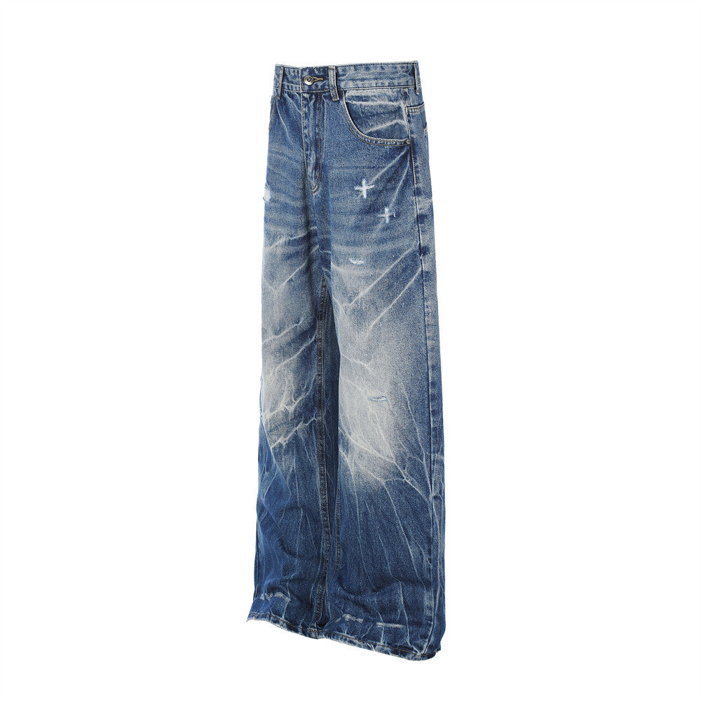 Jeans délavés usés à jambes larges – Denim vintage punk délavé pour homme