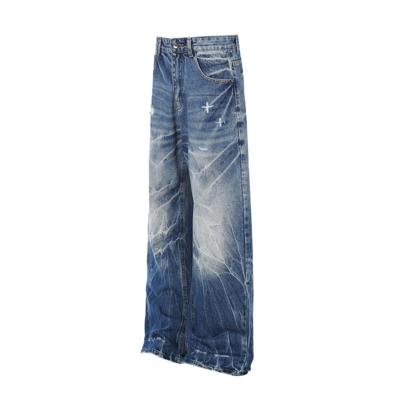 Jeans délavés usés à jambes larges – Denim vintage punk délavé pour homme