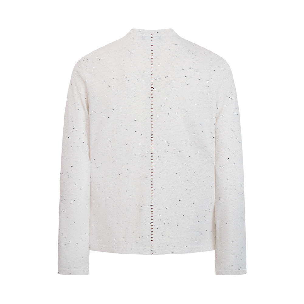 Speckled Long-Sleeve T-Shirt – Mock Neck Relaxed Fit with Center Seam Detail