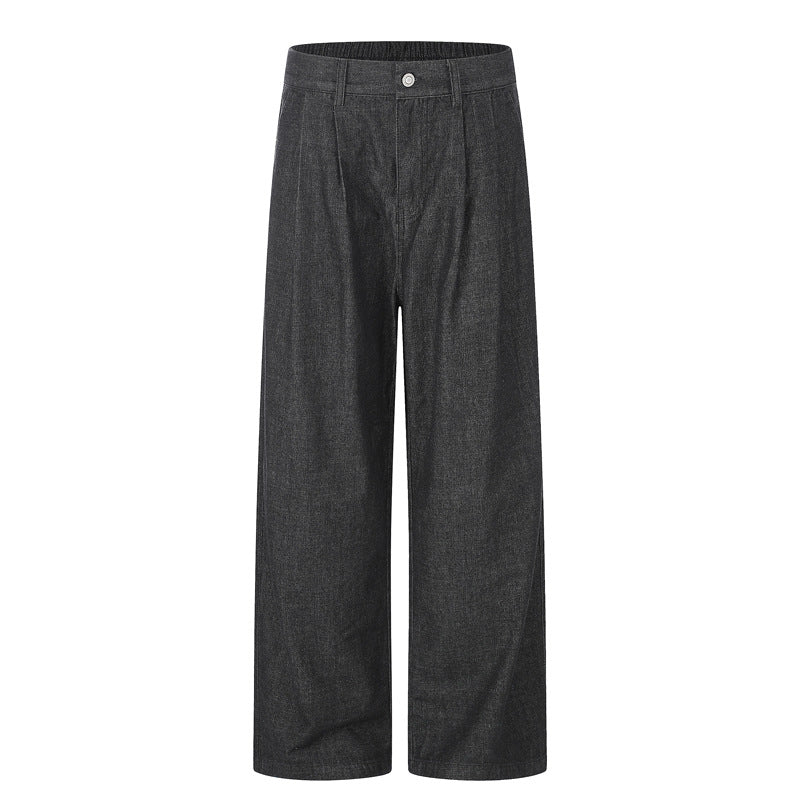 Wide-Leg Straight Casual Pants for Men — Relaxed Fit Pleated Denim Trousers