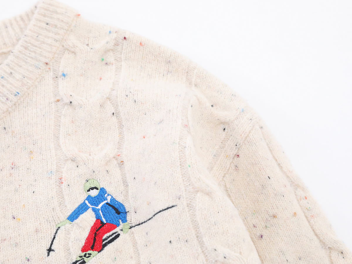 Cable Knit Cardigan Sweater with Cartoon Sport Embroidery & Colorful Buttons
