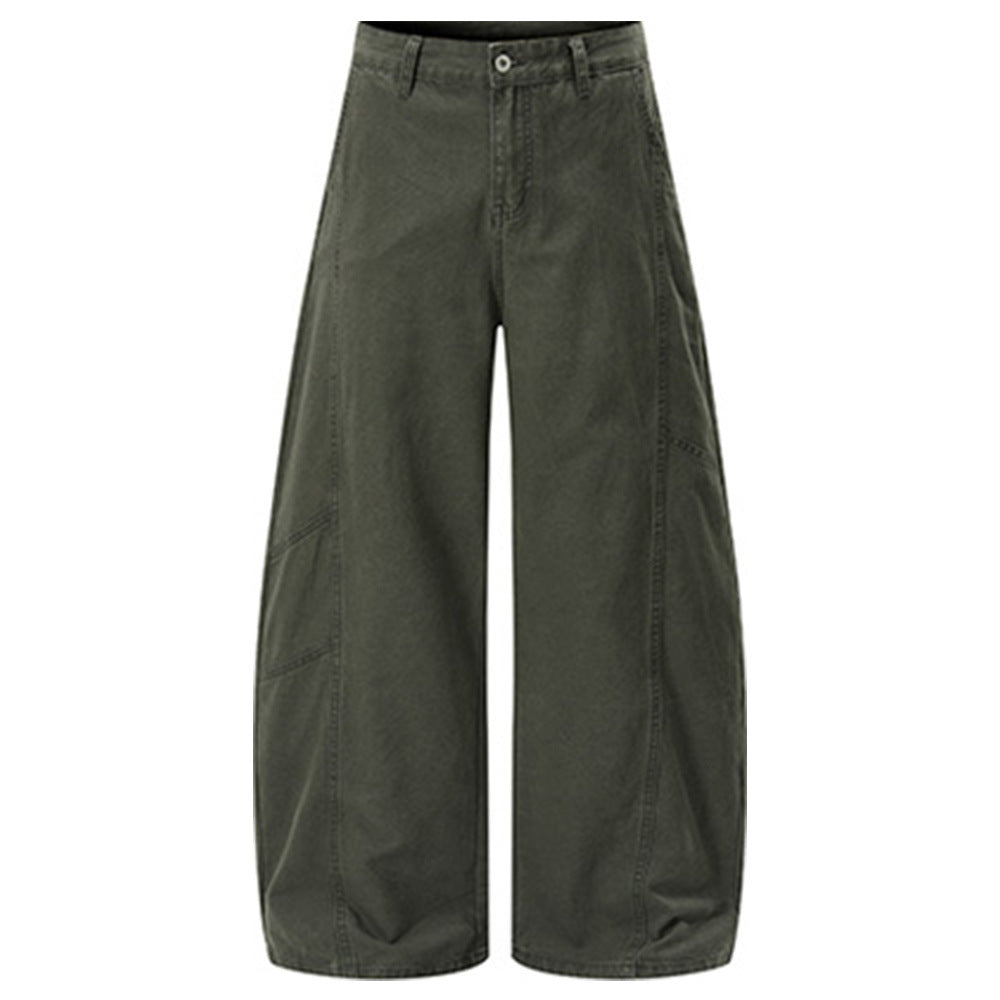 Men's wide-leg barrel pants in army green with arc-cut reconstructed seams and vintage wash finish, front view