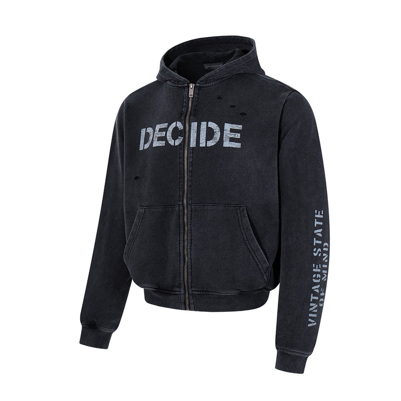 Oversize Zip Up Hoodie Vintage Acid-Washed Distressed Decide Graphic Full-Zip