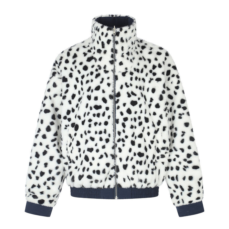 Reversible Stand-Collar Jacket Men's Dalmatian Faux Fur & Nylon Oversized Bomber