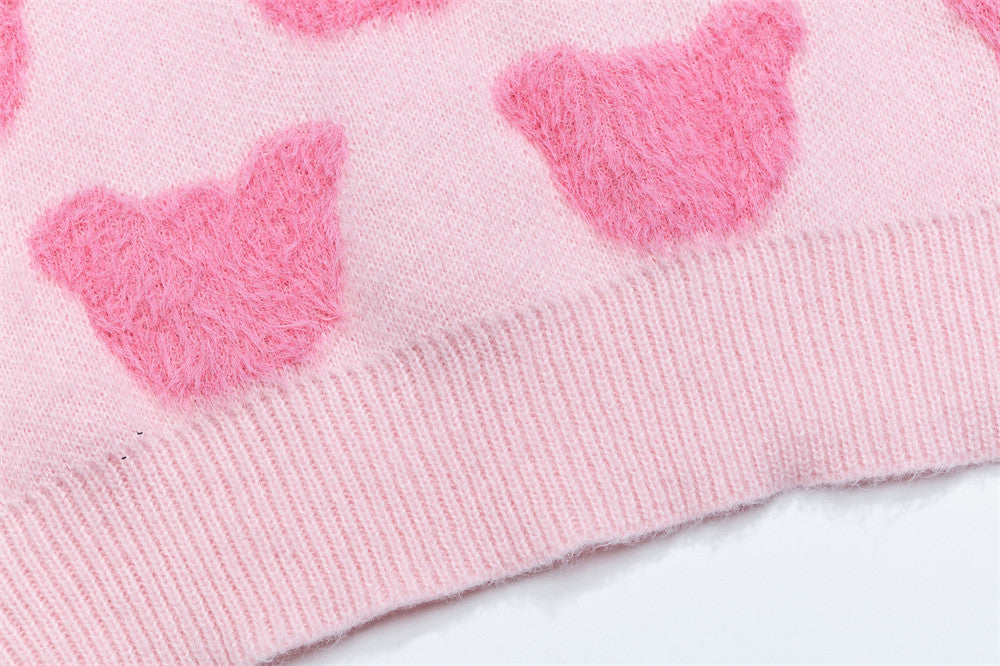 Bear Jacquard Crewneck Knit Sweater – Oversized Long Sleeve Pullover