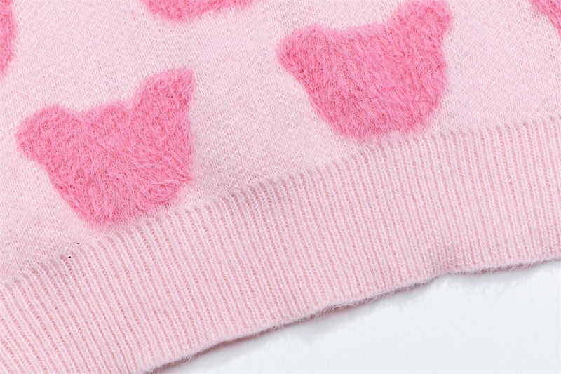 Bear Jacquard Crewneck Knit Sweater – Oversized Long Sleeve Pullover
