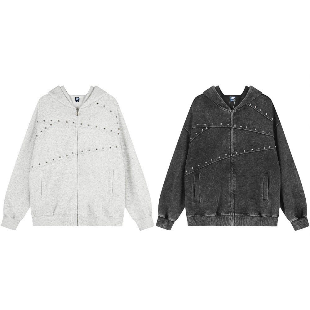 Oversized Zip-Up Hoodie with Studded Seam Detail – Acid Wash & Grey