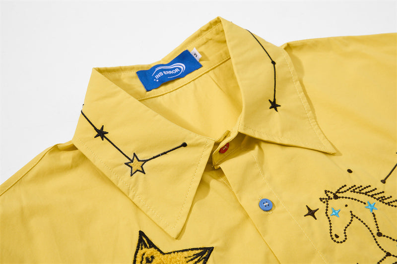 Cartoon Embroidered Short Sleeve Shirt – Oversized Streetwear Button-Up