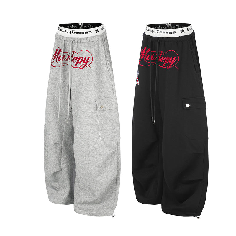 Pantalon cargo de survêtement coupe ample, jambes larges, graphique brodé, baggy