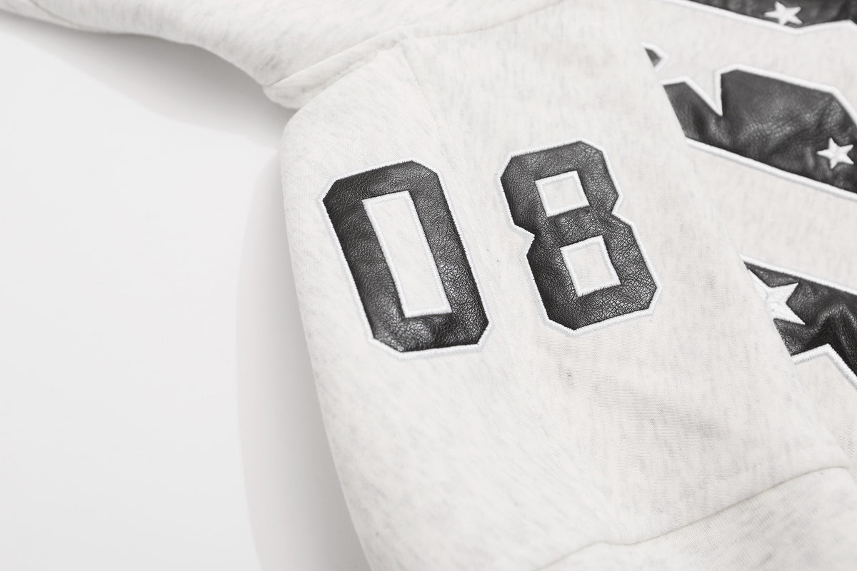 American Football Varsity Hoodie with '08' Leather Patch & Star Embroidery