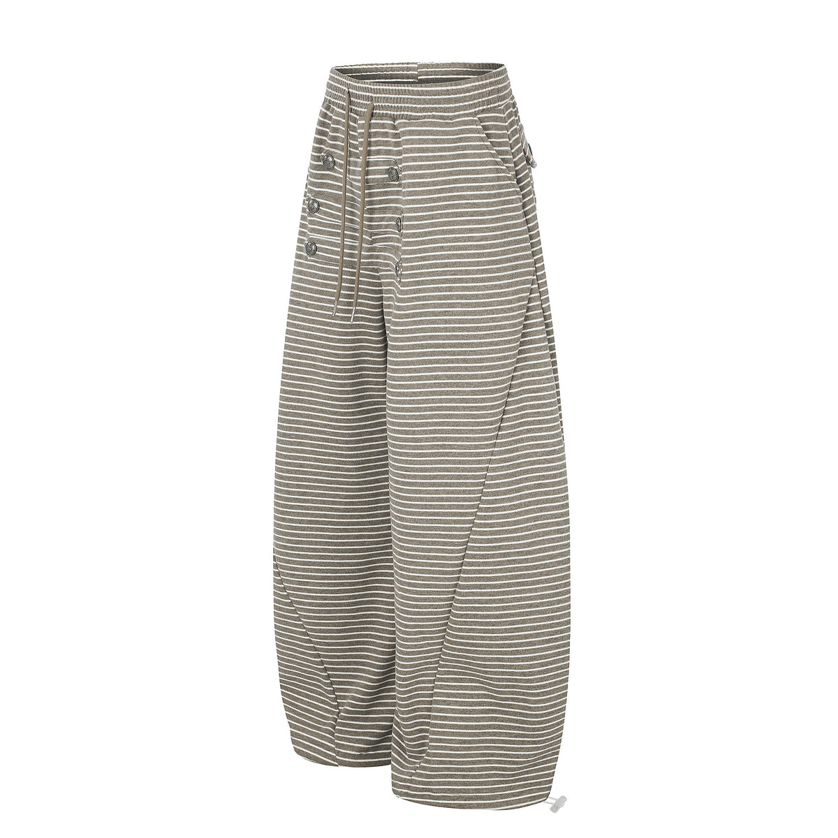 Wide-Leg Striped Sweatpants with Double-Button Detail & Drawstring Waist