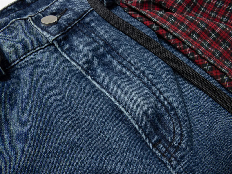 Wide-Leg Baggy Jeans with Detachable Plaid Skirt Overlay — Men's Punk Street