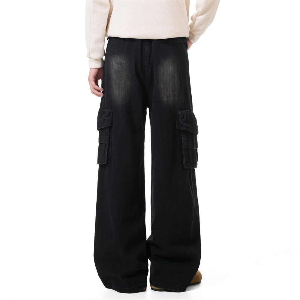 Vaqueros cargo para hombre — Pantalón vaquero de pierna ancha con múltiples bolsillos y lavado desgastado