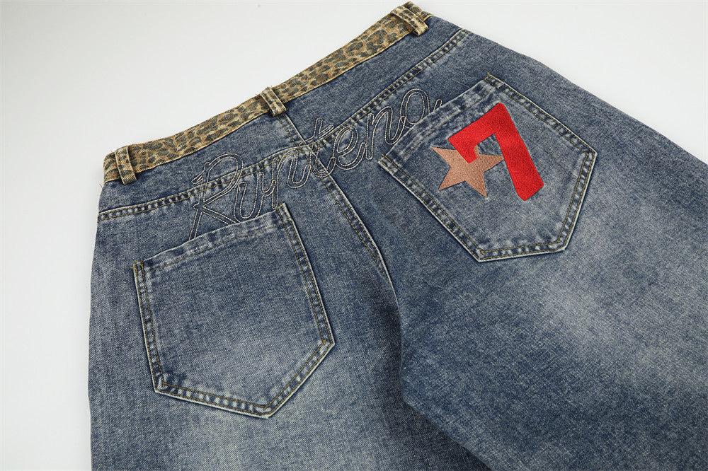 Vaqueros de Pierna Ancha para Hombre – Cintura de Leopardo, Corte Barrel Holgado y Denim Lavado