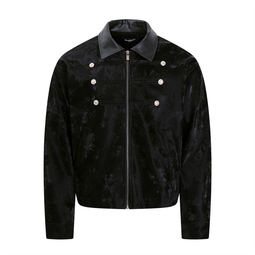 Men's black crushed velvet zip-up jacket with PU leather collar and double-breasted silver coin buttons, front view
