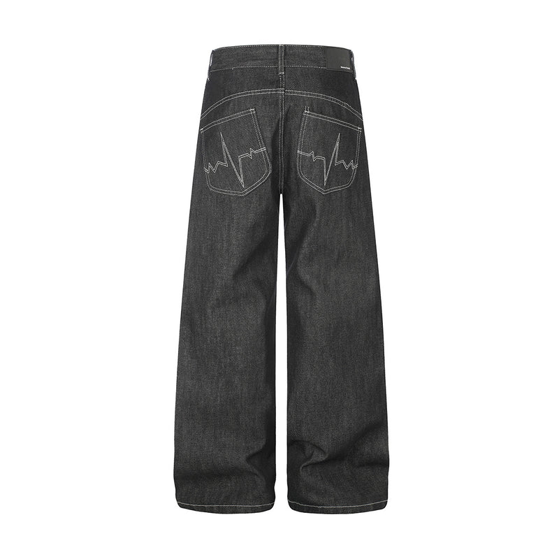 Wide-Leg Baggy Jeans – Skeleton Horse & Sun Embroidery, Dark Wash Black Denim