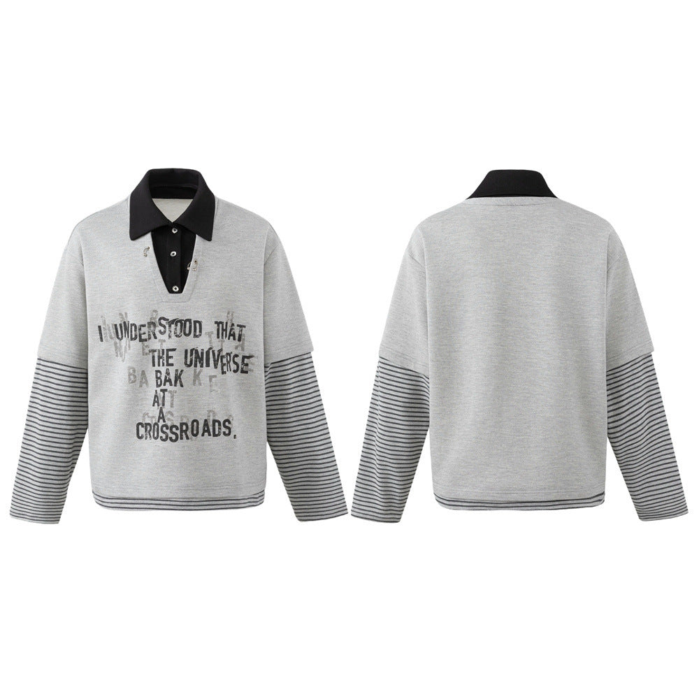 Oversized Faux Two-Piece Polo Sweatshirt with Striped Sleeves and Letter Graphic