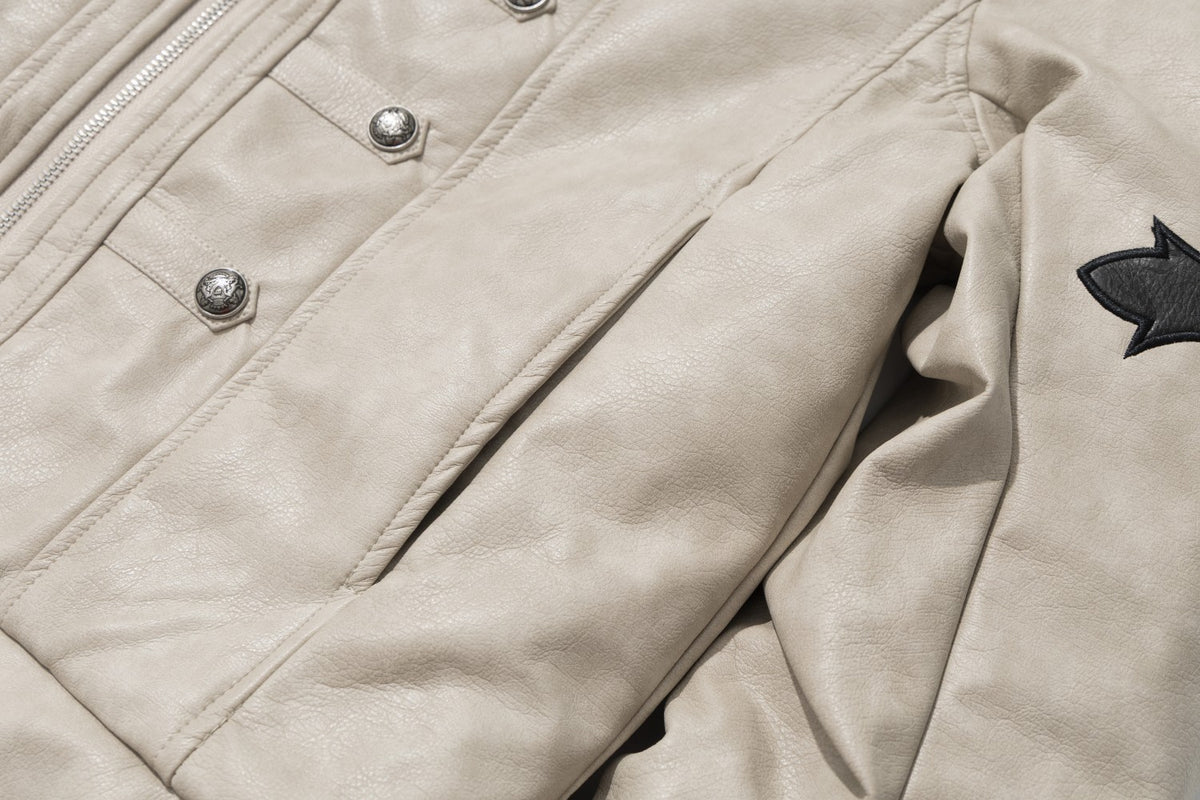 Gothic Cross Moto Jacket – Padded Faux Leather with Military Buttons & Cross