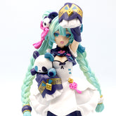 The Hatsune Miku Panda-themed 18cm PVC Figure features her signature turquoise twin braids, a white and blue outfit with gold accents and floral details, ribbons, a panda plush, and a cheerful expression with one arm raised. It’s a charming collectible that comes in a box.