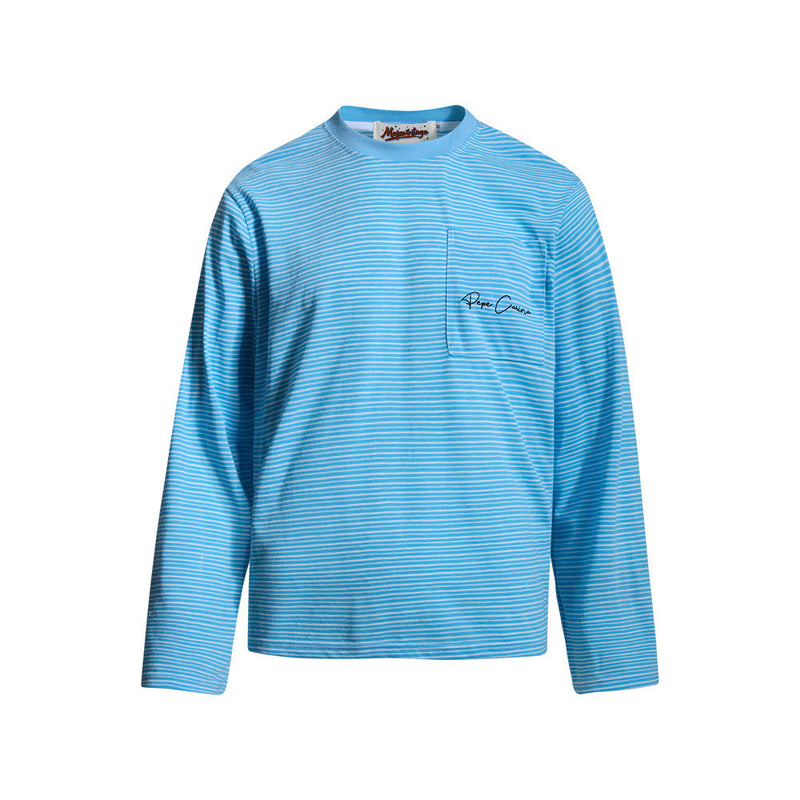 T-shirt homme coupe décontractée à manches longues et col rond rayé, bleu ciel, avec poche poitrine plaquée et logo script brodé