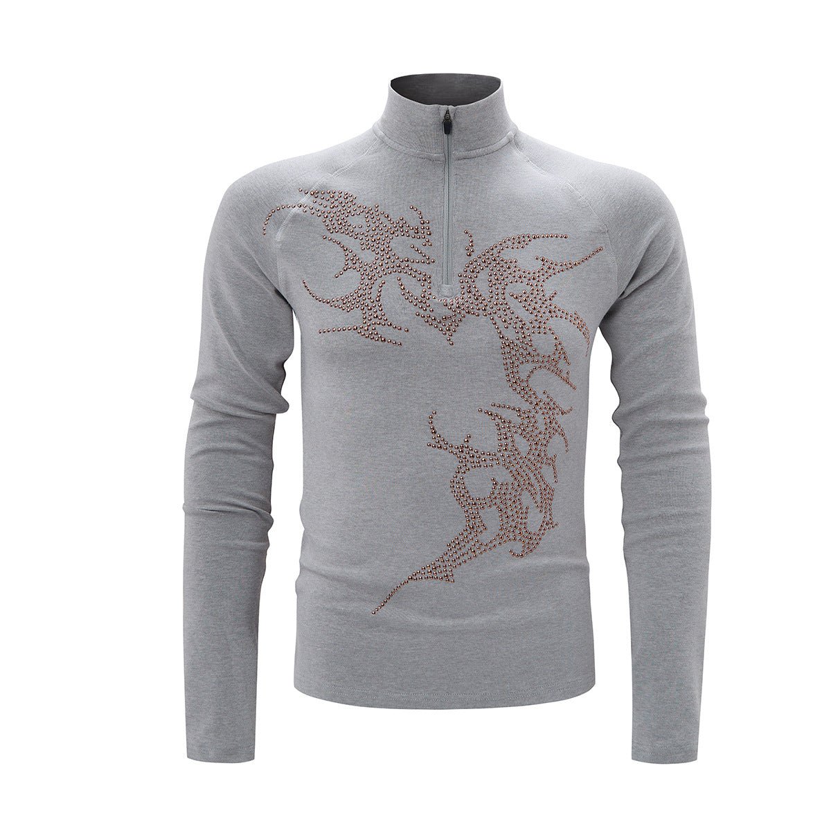 Rhinestone Dragon Mock Neck Quarter-Zip Long Sleeve Shirt