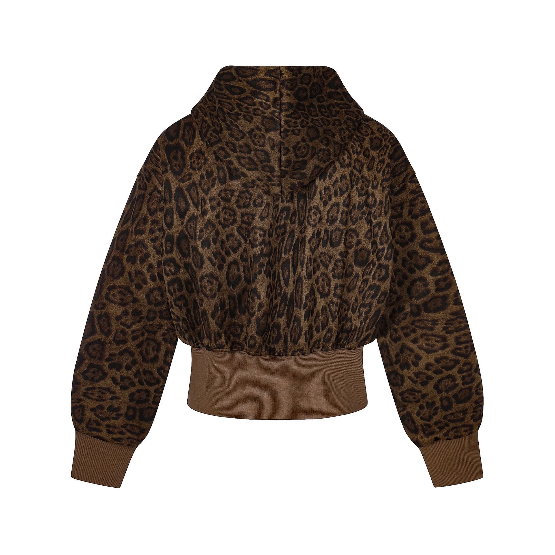 Veste à capuche courte zippée à imprimé léopard