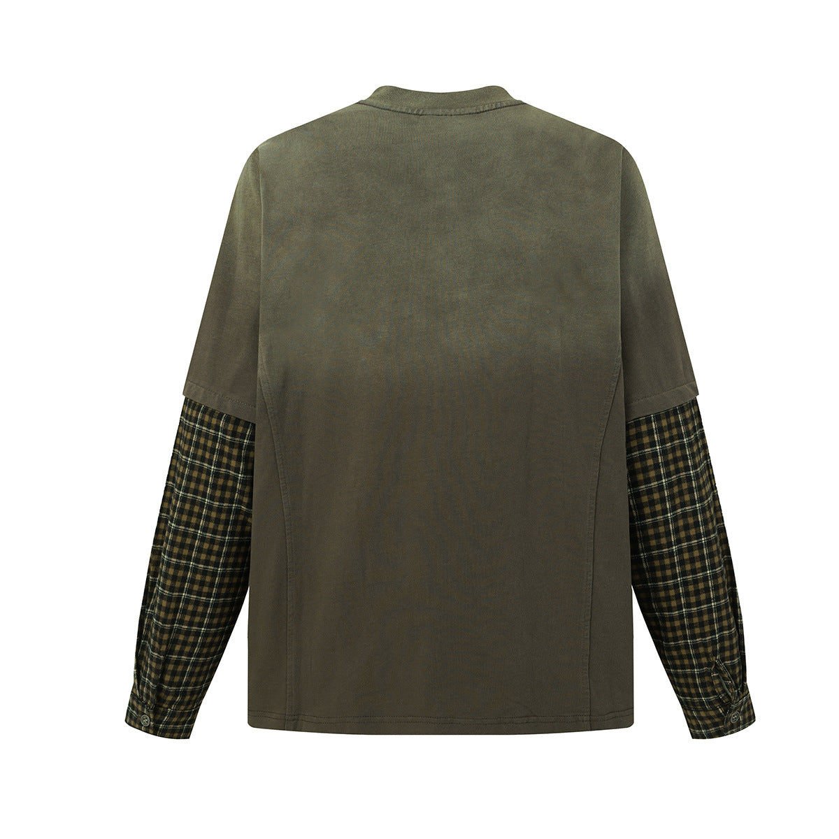 Acid Wash Henley Long Sleeve Shirt with Plaid Contrast Sleeves – Faux Two-Piece