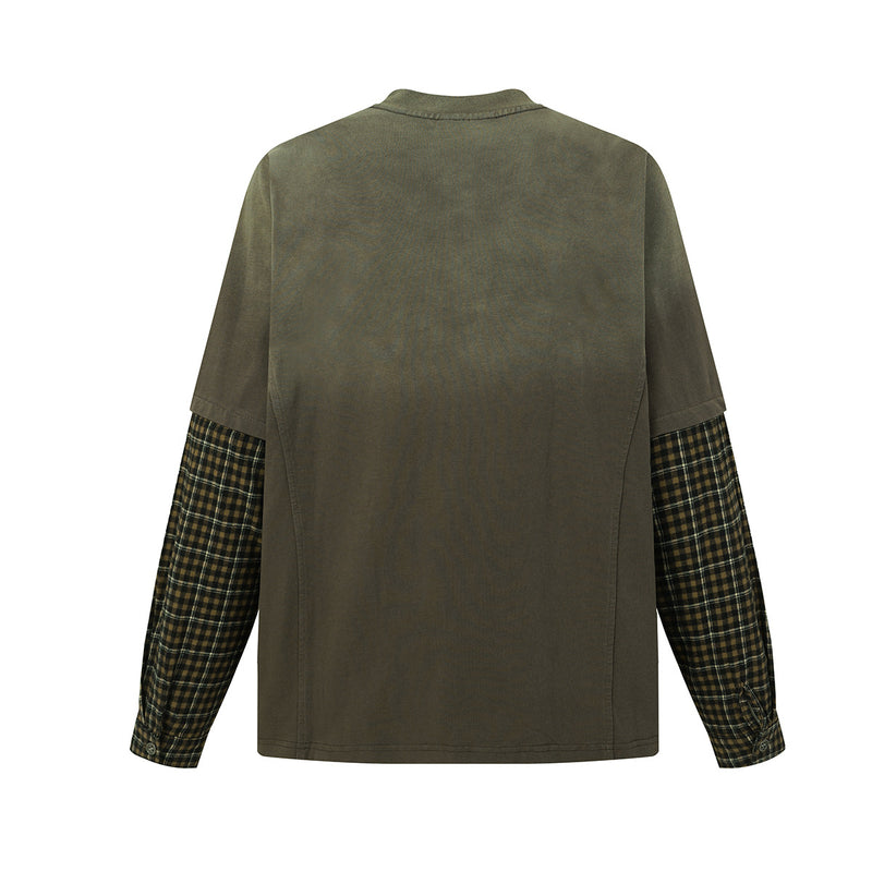 Acid Wash Henley Long Sleeve Shirt with Plaid Contrast Sleeves – Faux Two-Piece