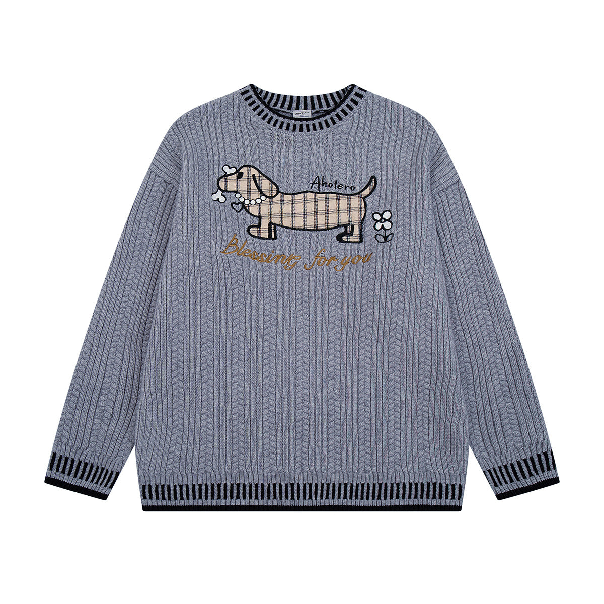 Zopfstrickpullover mit Dackel-Stickerei – Pullover mit Streifenbesatz