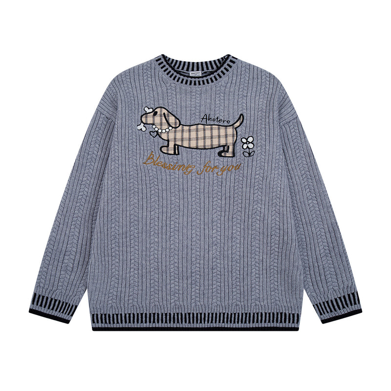 Zopfstrickpullover mit Dackel-Stickerei – Pullover mit Streifenbesatz