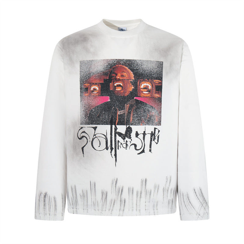 Oversized-Grafikshirt für Herren mit langen Ärmeln, Used-Sprühfärbung und Hip-Hop-Fotoprint in Off-White