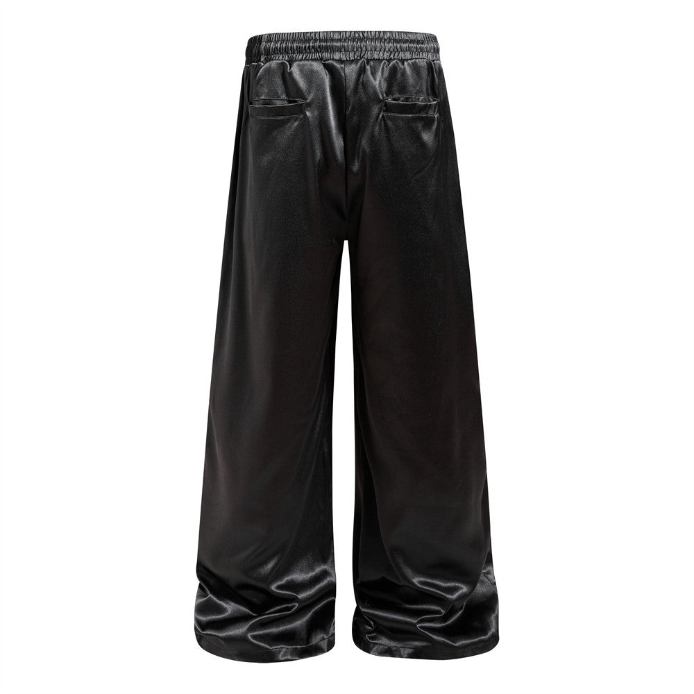 Wide Leg Satin Pants – Signature Print, Elastic Drawstring Waist