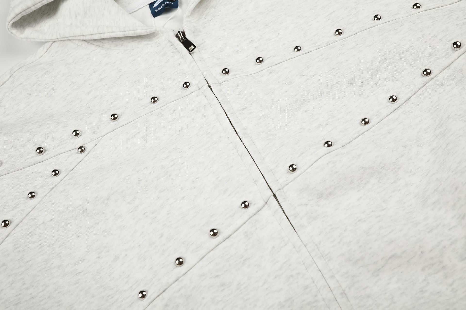 Streetwear-Zip-up-Hoodie mit Nietenpanel – Acid-Wash & Hellgrau meliert