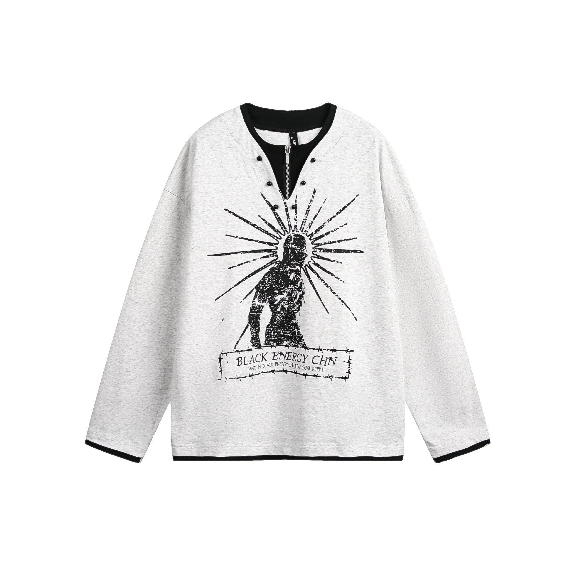 T-shirt graphique gris chiné à manches longues, avec imprimé avant Black Energy CHN, col zippé à rivets et bordure noire contrastante au col