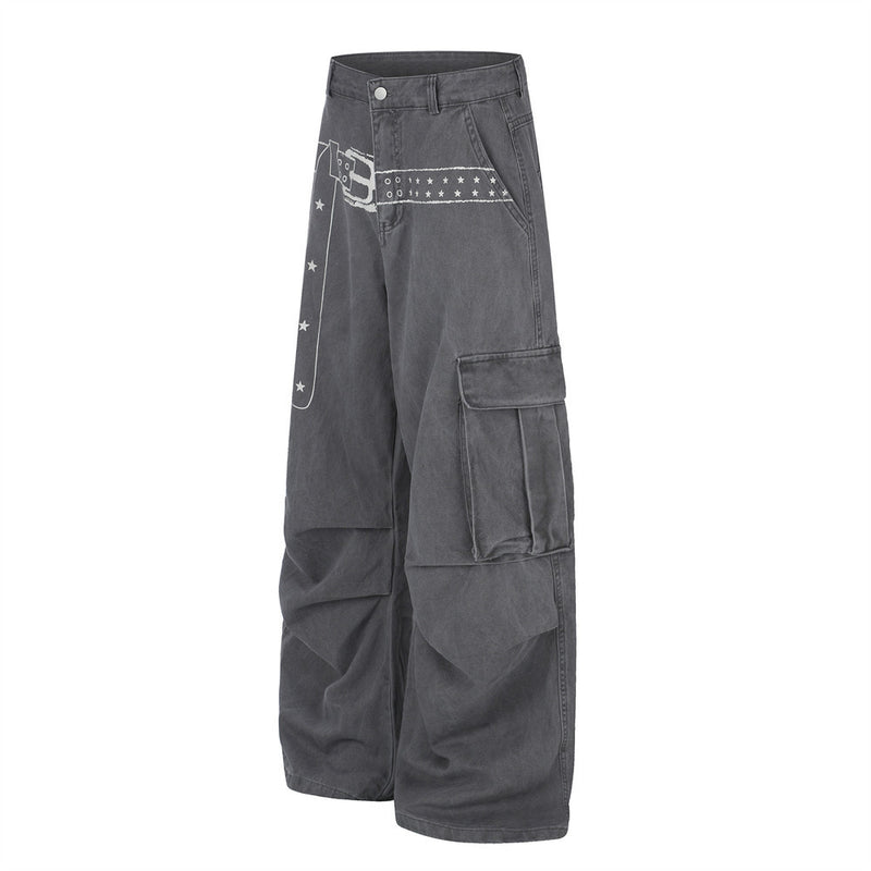 Cargo Pants for Men Wide Leg Multi-Pocket Punk Belt Print Street Style