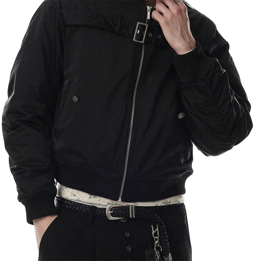 Bomber Jacket Men Oversized Buckle Strap Stand Collar Padded Outerwear